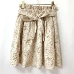 スカート フレア 総柄 花 バラ リボン 裏地付き ベージュ L