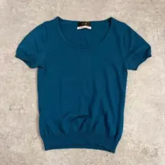 상태좋음 Vintage半袖 パフスリーブ ニット ブルー 短丈 丸首