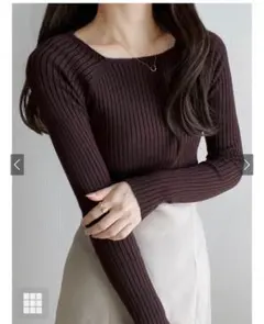 GRLスクエアネックリブニットトップス S rut072 チャコール