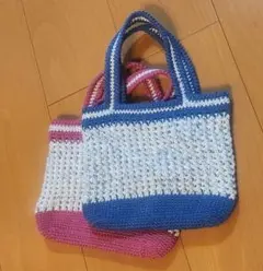 青とピンクの編み物トートバッグ