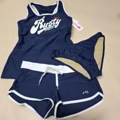 新品タグ付き！Rusty ラスティー 水着3点セット ネイビー Lのサムネイル