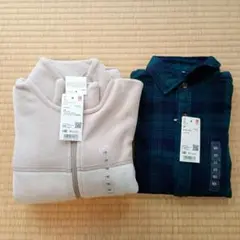 ダークグリーン チェックシャツ & ベージュ フリースパーカー セット 140