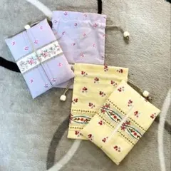 ハンドメイド 花柄 ティッシュケース&巾着 セット 黄色系 藤色系 プレゼント