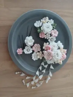 「手作り」花モチーフのかんざし・髪飾りセット