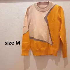 幾何学模様 長袖ニットセーター ベージュ・イエロー　M