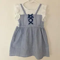 120cm ドッキングワンピース ストライプ 青 白 フリル リボン 夏服
