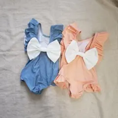 【女の子水着90cmブルー]新品未使用!ビッグリボン付きスイムウェア
