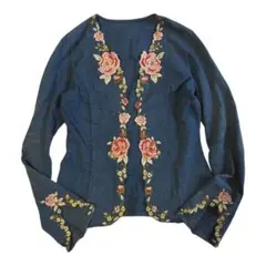 美品 LAURA ASHLEY 花柄刺繍 薄手カーディガン 春夏 ブルーのサムネイル