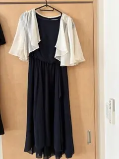 ネイビー シフォン ドレス フレアスリーブ