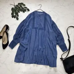 7306✾カスタネ✾バンドカラーチュニックワンピース【F】デニム調/刺繍/光沢