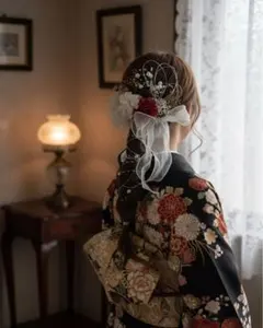 ホワイトリボンヘアアクセサリー　髪飾り　成人式　振袖　卒業式　結婚式