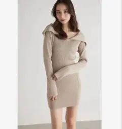 rienda オーバーカラータイト　ミニ　ベージュ　ニットワンピース　ミニ丈