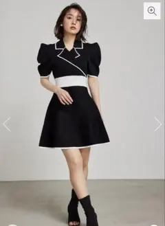 rienda テーラードカラーミニフレアハーフスリーヴニットワンピース ブラック