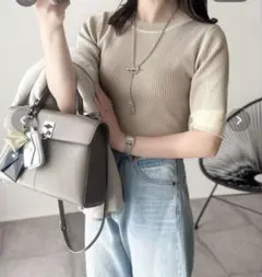 CLASSICAL ELF 7分袖 リブカットソー Mサイズ グレージュ系