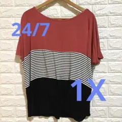 24/7 半袖Tシャツ 1X 赤と黒のボーダーLL
