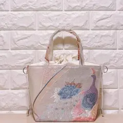 帯リメイク　古典柄地　孔雀 花刺繍　あおりポケ　巾着トート　2WAY