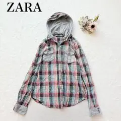 【ザラ】フード付きシャツ（S）チェック柄 フーディ 長袖 羽織 カジュアル
