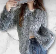 グレー フェイクファー 長袖カーディガン