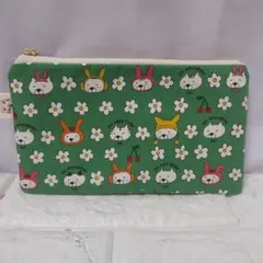 フラットポーチ うさねこ グリーン