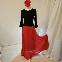 フラメンコ赤オーガンジー　ペチコート&レッスンフアルダ(オマケ黒ブラウス)