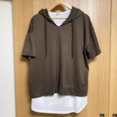 フード付き ブラウン 半袖 パーカー 大きめサイズ メンズ レディース