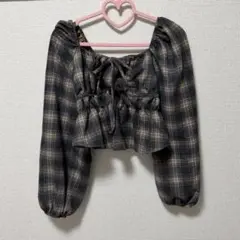 チェック柄　オフショル　2way ぺプラムトップス　韓国　ガーリー