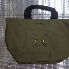 MUVEIL 猫の顔刺繍トートバッグ オリーブグリーン