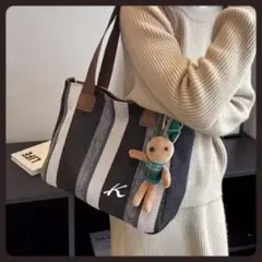 #2【ブラック系】Kロゴ❤️ྀིストライプ／ショルダー紐付き トートバッグ