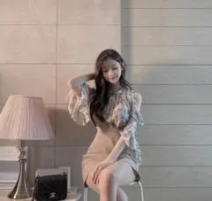 セール！シフォン ブラウス 肩だし オープンショルダー 七分袖 アイボリー L