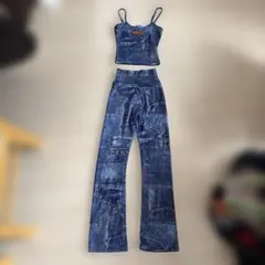 Omightyデニムセットアップキャミソール、パンツ、Y2K、韓国ギャル