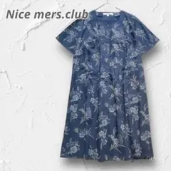 Y4941【ナイスミセスクラブ】花柄 コットンワンピース フレア 半袖 ネイビー