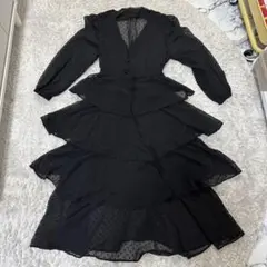 ドット柄シフォン ティアードロングワンピース ブラック