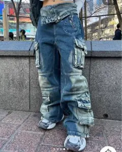 カーゴスタイル ダメージデニムパンツ