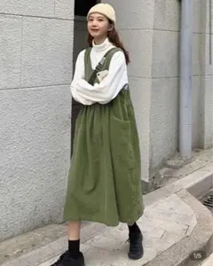 本日削除最終価格ですモスグリーン エプロンワンピース　コーデュロイ 秋冬