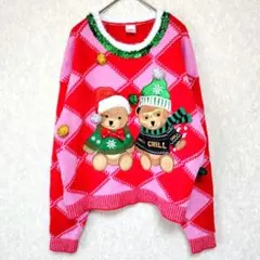ホリデータイム アーガイル セーター クマ Ｓ 赤桃 クリスマス パーティーのサムネイル