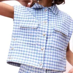 ZARA 千鳥格子 ベスト ツイード 水色 ジレ モロッコ製