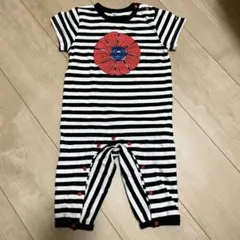 ストライプ柄 赤い花ロンパース 80サイズ
