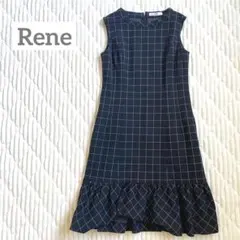 Rene ルネ　チェック　ノースリーブ　膝丈フレアワンピース　黒　日本製　38のサムネイル