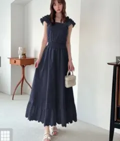 フリルショルダー花柄刺繍コットンフレアワンピース　[pm588] ネイビー L