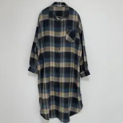 しまむら Helm★チェック柄 長袖 シャツワンピース M 青 ベージュ グレー