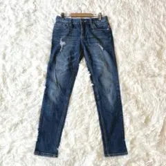 ゴージ デニムパンツ ジーンズ スキニー ダメージ加工 インディゴ 7817