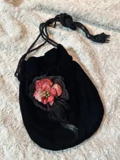 ベルベット 巾着ポーチ コサージュつき　パーティー　セレモニー　サブバッグ
