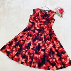 【LESTRAレステラ】ノースリーブロングフレアワンピース 赤色花柄 赤黒 38