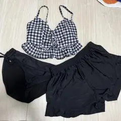 セパレート水着 黒白　ギンガムチェック　水着　ビキニ　ズボン付き　3点セット　L