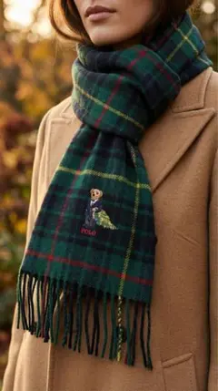 ポロラルフローレン ベア刺繍 マフラーウール イタリア製 チェック 緑 くま
