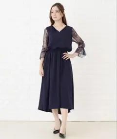 ネイビー レーススリーブ マキシドレス