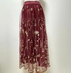 axes femme M 刺繍 ボルドー ボタニカル フレアスカート ロング