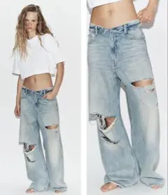 ZARA ミッドライズ折り返しウエストデニムパンツ デニム・32 - メルカリ