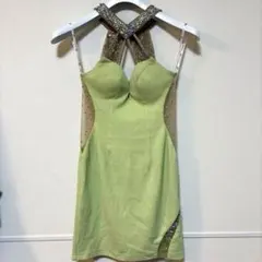 ライトグリーン ビジューネックライン ミニドレス