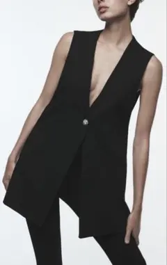ZARA ビジュー　ボタン　ノーカラー　ロング　ベスト　ジレのサムネイル